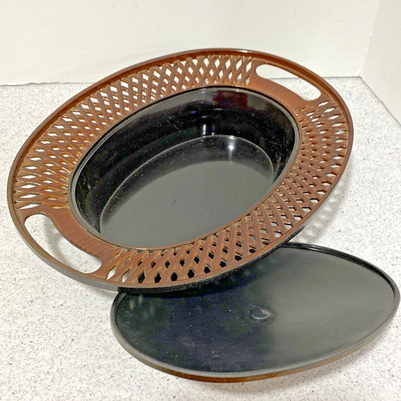 Vintage Asian Faux Wood Lacquer Lattice covered candy dish mid century floral - Picture 4 of 10